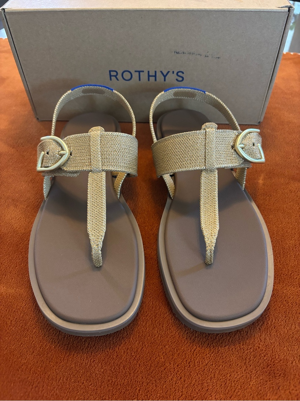 Rothy's Gold Woven-Strap Thong Sandals with Brown Footbed